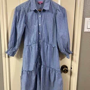 Mi Ami For Francesca’s Blue Boho Button Up Dress With Silver Thread Detail Small